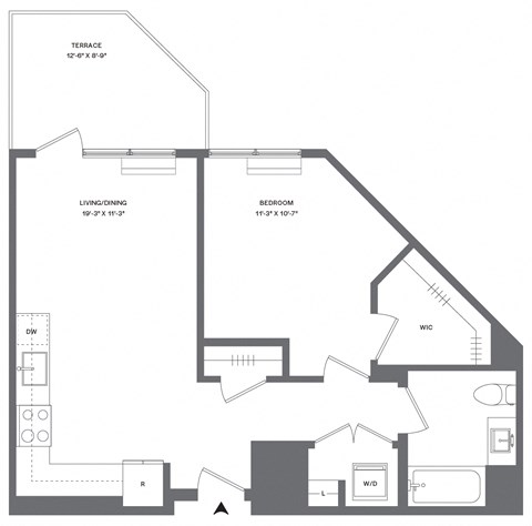 Floor plan for 1 bed, 1 bath, 664 sqft